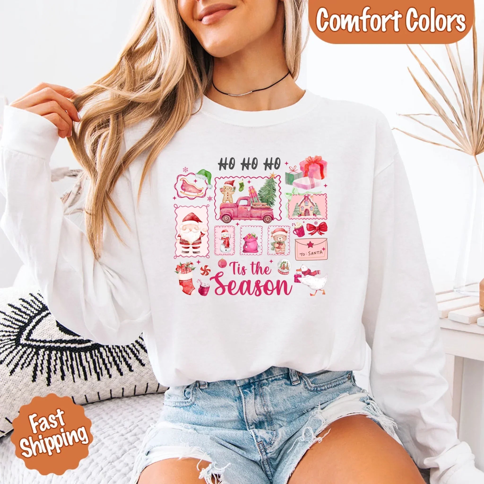Comfort Colors Long Sleeve Ho Ho Ho Tis The Season Christmas Shirt - Aaria Tees Aaria Tees