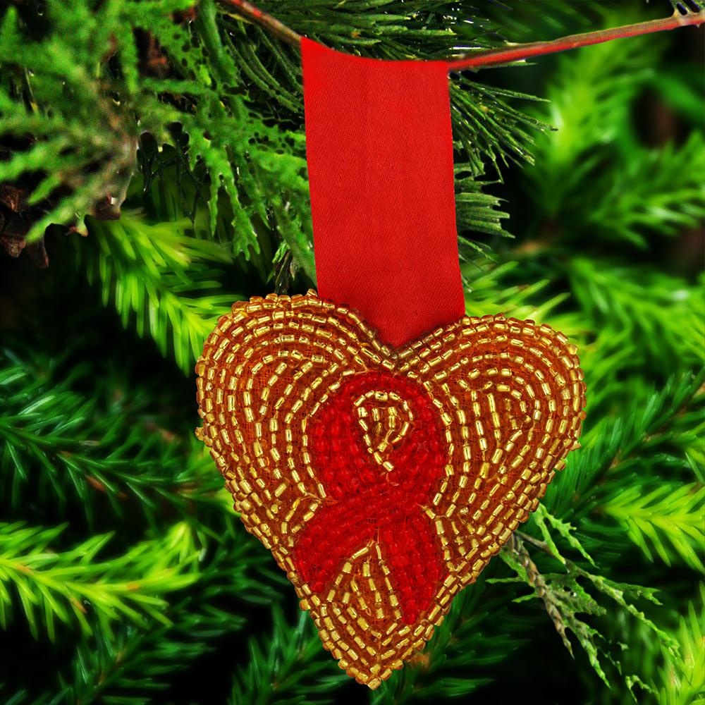 Custom Red Ribbon & Gold Heart Ornament - Aaria Tees Aaria Tees