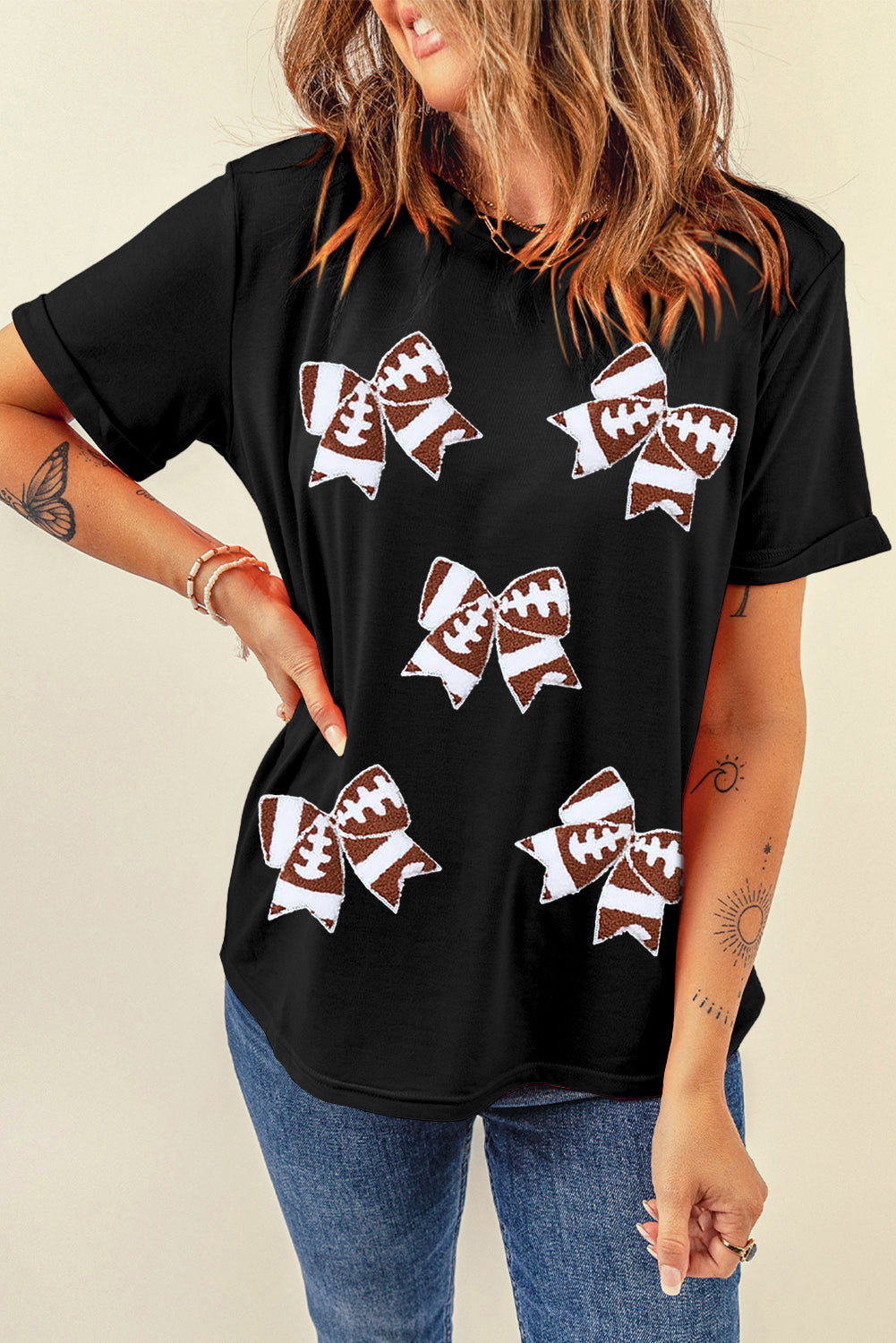 Black Rugby Football Bowknot Pattern Game Day T Shirt - Aaria Tees Aaria Tees
