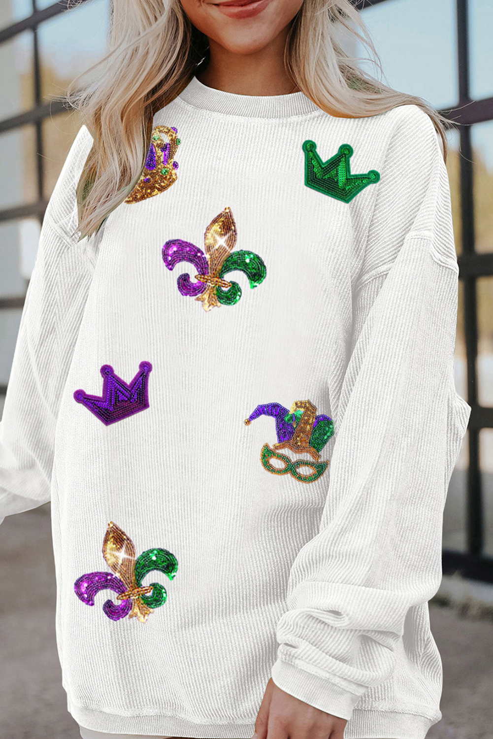 White Sequin Mardi Gras Symbol Crown Mask Patched Corded Sweatshirt - Aaria Tees Aaria Tees