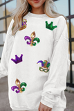 White Sequin Mardi Gras Symbol Crown Mask Patched Corded Sweatshirt - Aaria Tees Aaria Tees