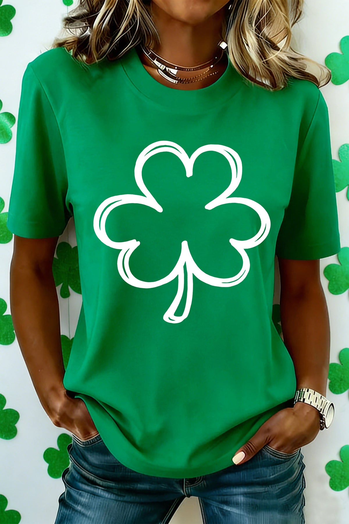 Bright Green St Patricks Day Lucky Shamrock Printed Casual Tee - Aaria Tees