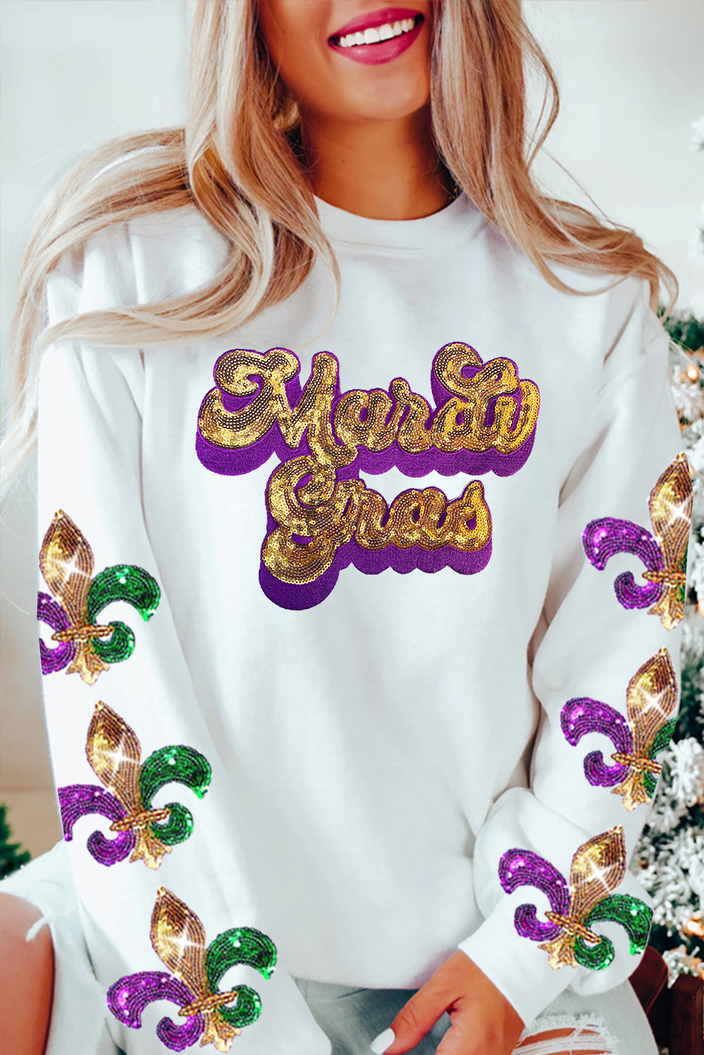 Beige Sequin Mardi Gras Patched Pattern Fleur de Lis Sleeve Sweatshirt - Aaria Tees Aaria Tees