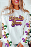 Beige Sequin Mardi Gras Patched Pattern Fleur de Lis Sleeve Sweatshirt - Aaria Tees Aaria Tees