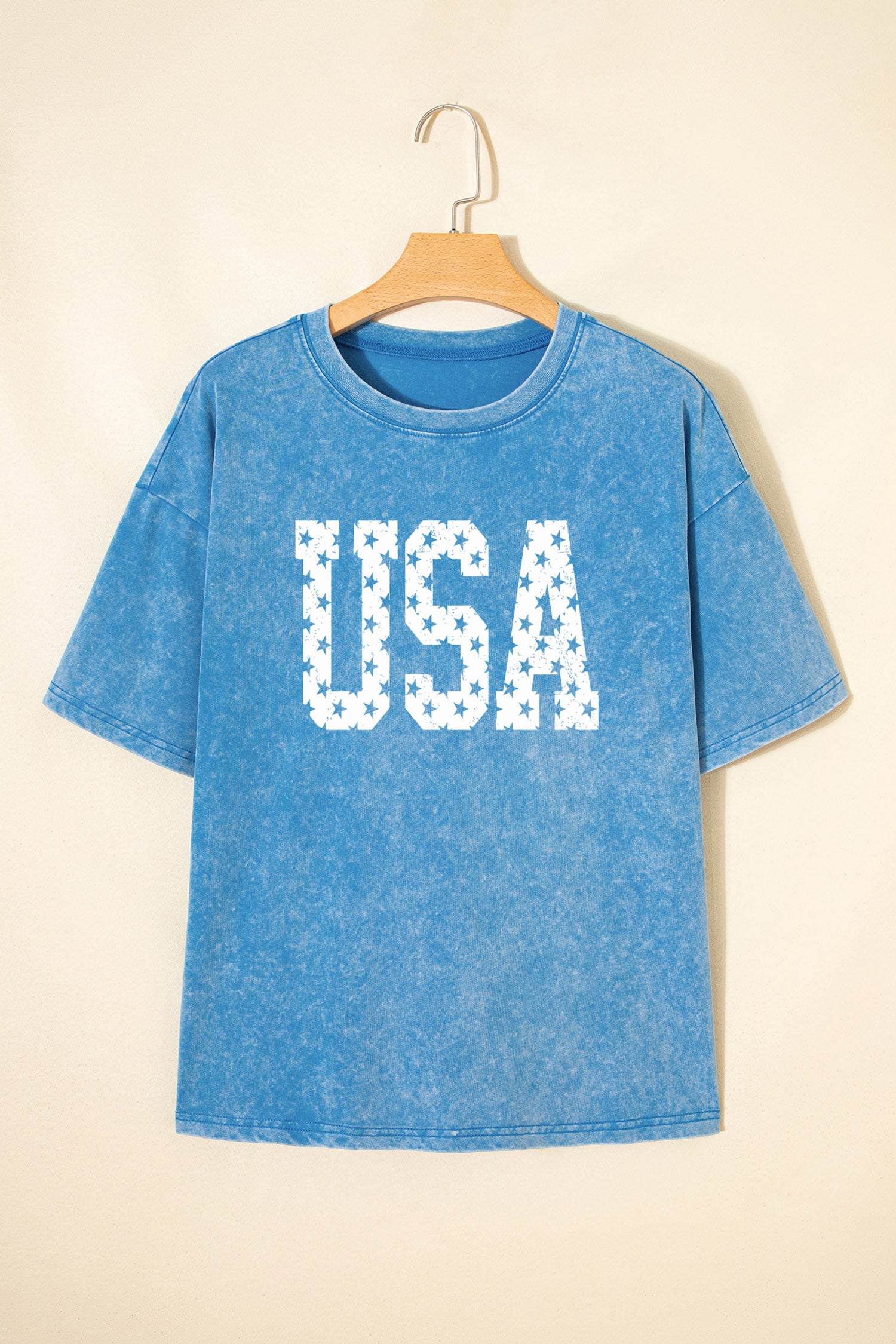 Blue USA Star Print Mineral Washed Cotton Tee - Aaria Tees Aaria Tees