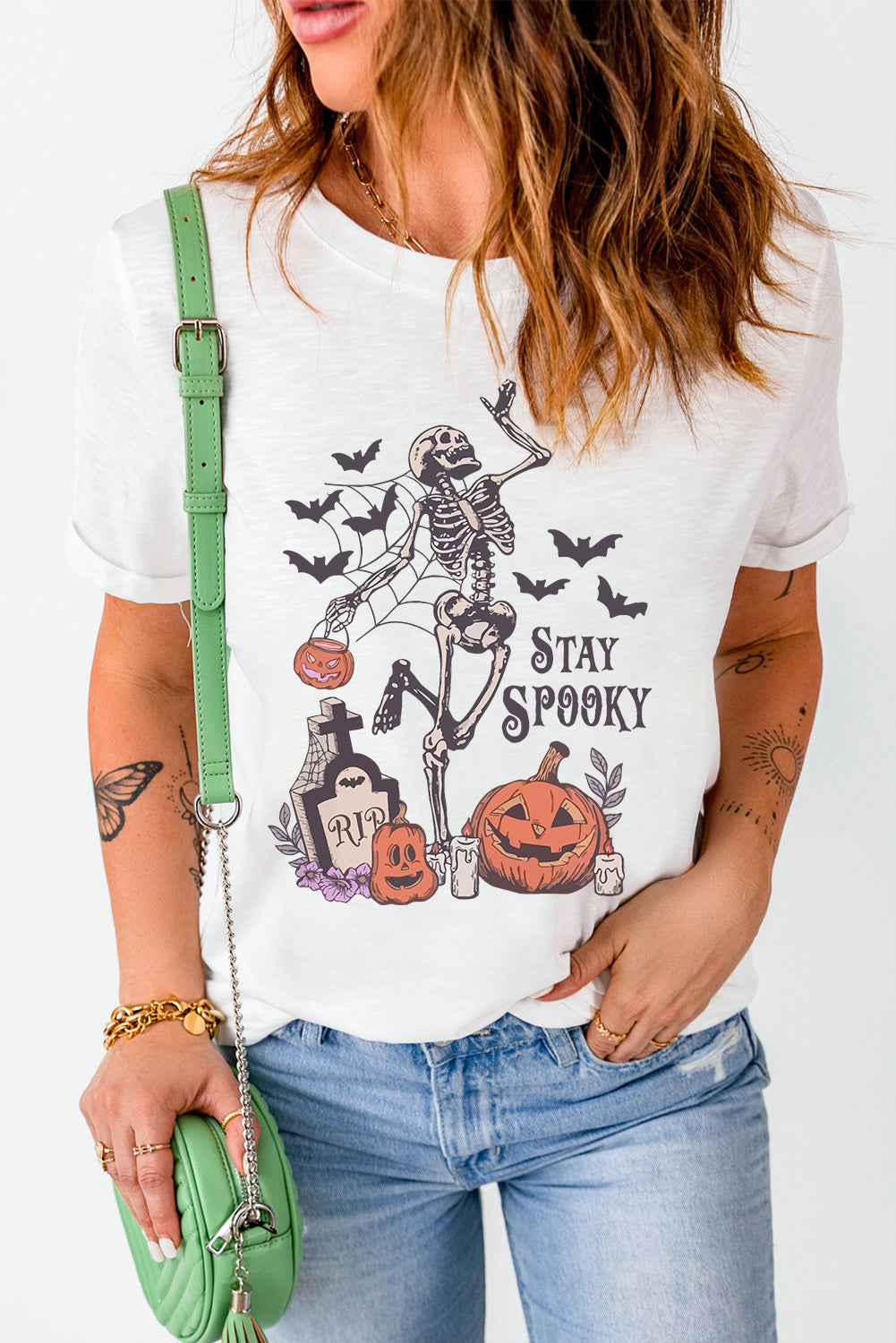 White Skull Pumpkin Face STAY SPOOKY Graphic Halloween T Shirt - Aaria Tees Aaria Tees
