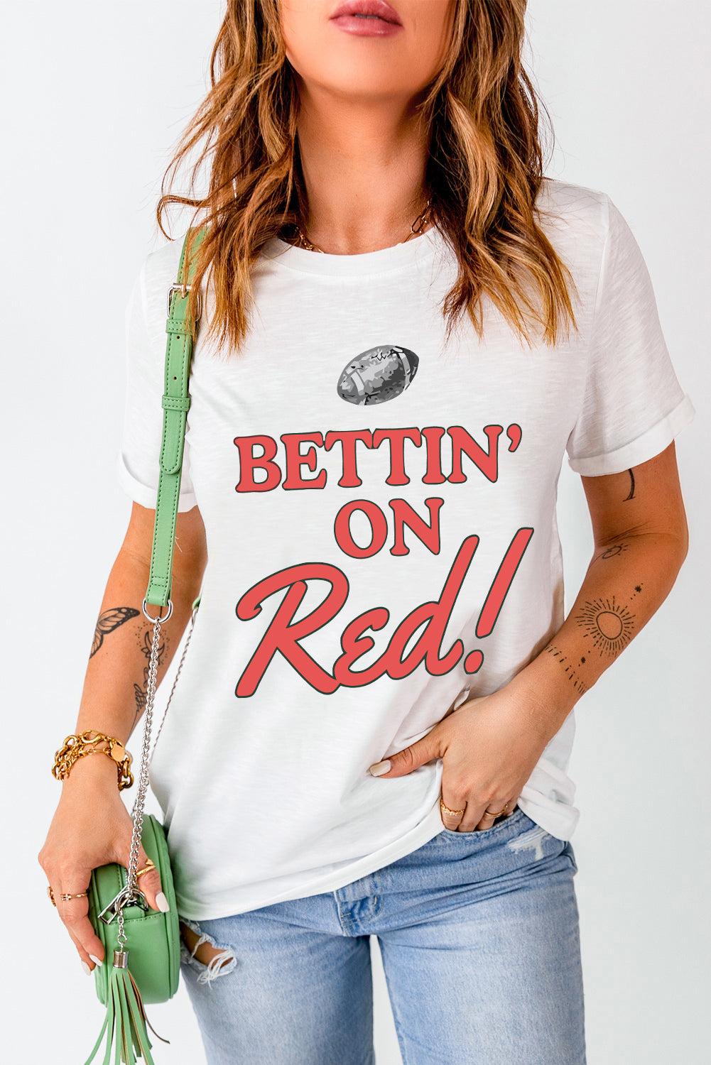 White Rugby Football BETTIN ON Blue Graphic Crewneck T Shirt - Aaria Tees Aaria Tees