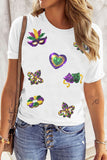 White Sequined Mardi Gras Symbolic Pattern Casual Tee Aaria Tees