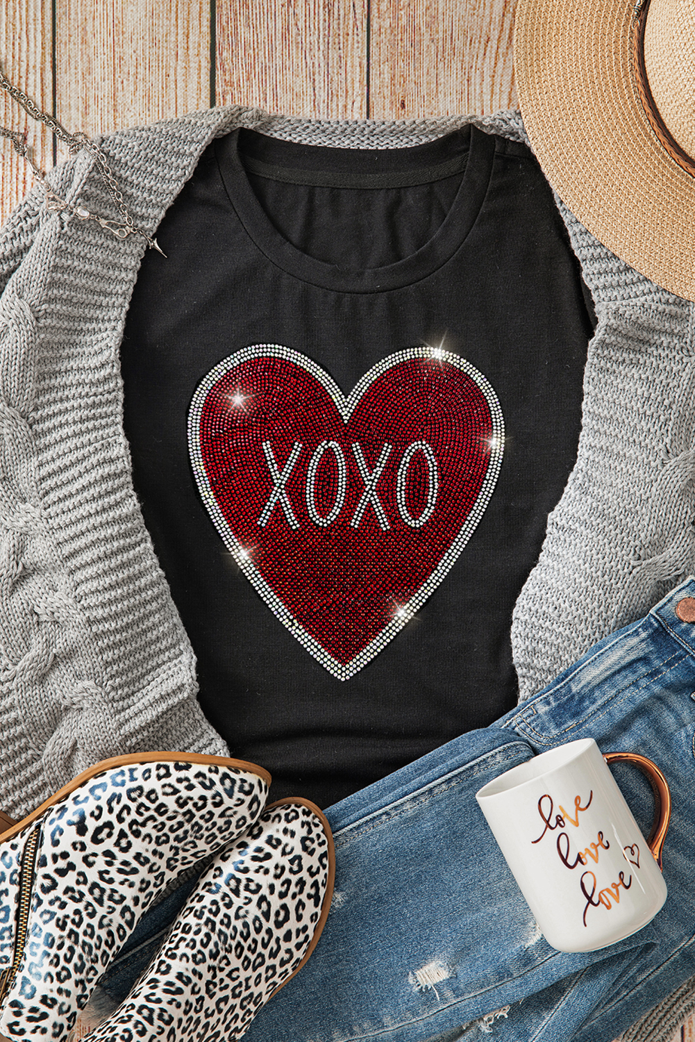 Black Rhinestone XOXO Heart Graphic Crewneck Tee - Aaria Tees Aaria Tees