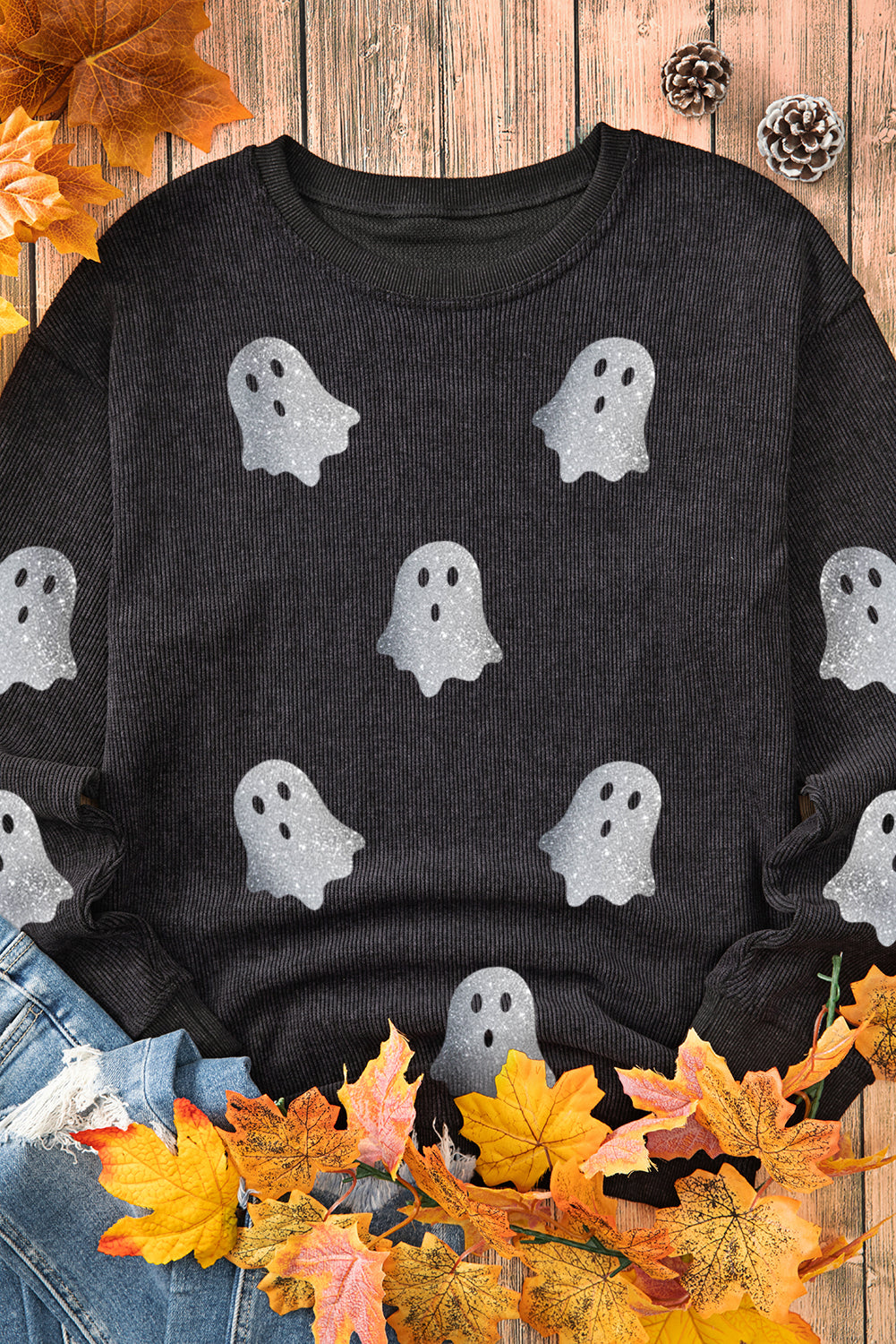 Pink Halloween Ghost Corded Crew Neck Loose Sweatshirt - Aaria Tees Aaria Tees