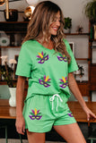 Mint Green Sequin Mardi Gras Mask V Neck Tee Drawstring Shorts 2pcs Outfit Aaria Tees