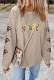 Smoke Gray Corded Ribbed Thanksgiving Turkey Sequin Patched Sleeve gobble Baggy Sweatshirt Aaria Tees