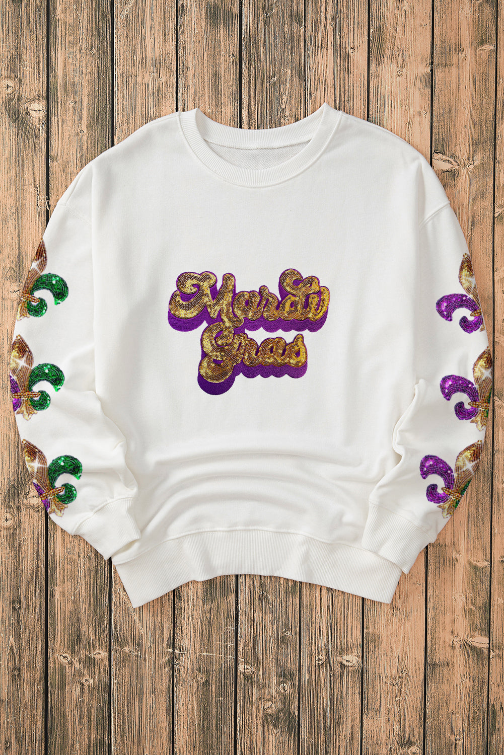 Beige Sequin Mardi Gras Patched Pattern Fleur de Lis Sleeve Sweatshirt - Aaria Tees Aaria Tees