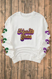 Beige Sequin Mardi Gras Patched Pattern Fleur de Lis Sleeve Sweatshirt - Aaria Tees Aaria Tees