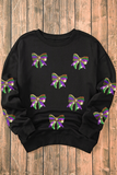 Black Sequin Mardi Gras Bow Graphic Drop Shoulder Pullover Sweatshirt Aaria Tees