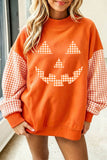 Russet Orange Plaid Sleeve Halloween Pumpkin Face Graphic Sweatshirt Aaria Tees