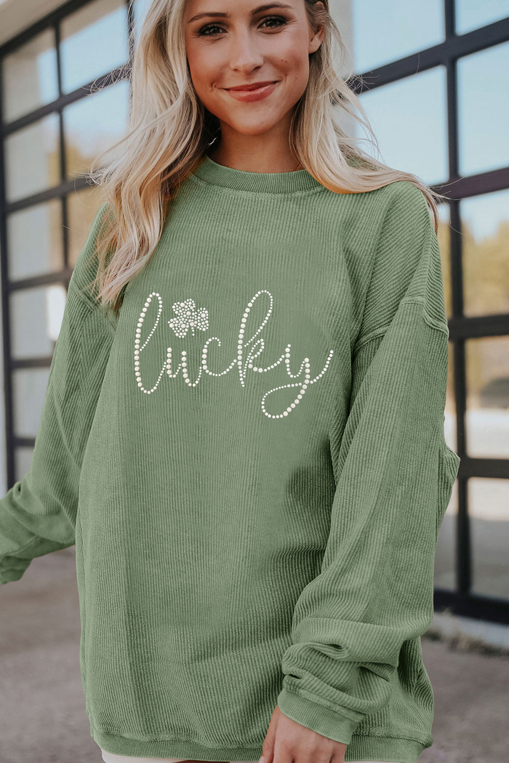 Grass Green Rhinestone lucky Clover Graphic Ribbed St Patrick Sweatshirt - Aaria Tees Aaria Tees