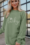 Grass Green Rhinestone lucky Clover Graphic Ribbed St Patrick Sweatshirt - Aaria Tees Aaria Tees