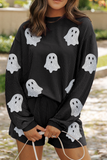 Carbon Grey Halloween Ghost Graphic Corded Pullover and Shorts Two Piece Set Aaria Tees