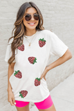 White Sequin Strawberry Patched Crew Neck T Shirt Aaria Tees