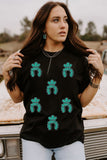 Black Western Turquoise Pattern Sequin Patched T Shirt Aaria Tees