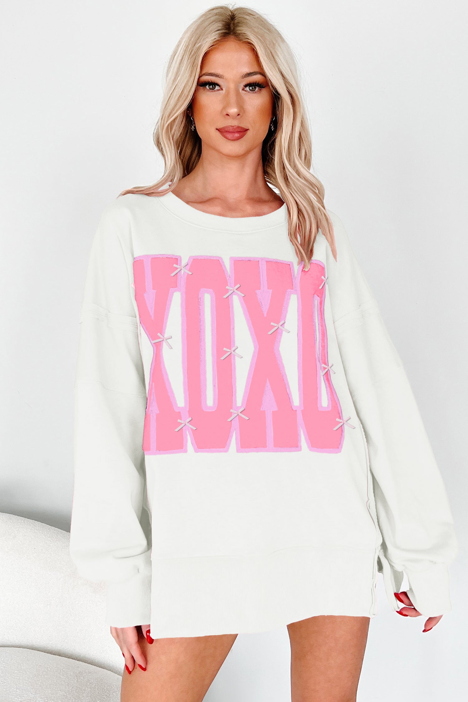 Black Bow Sequin XOXO Letter Graphic Exposed Seam Baggy Sweatshirt - Aaria Tees Aaria Tees
