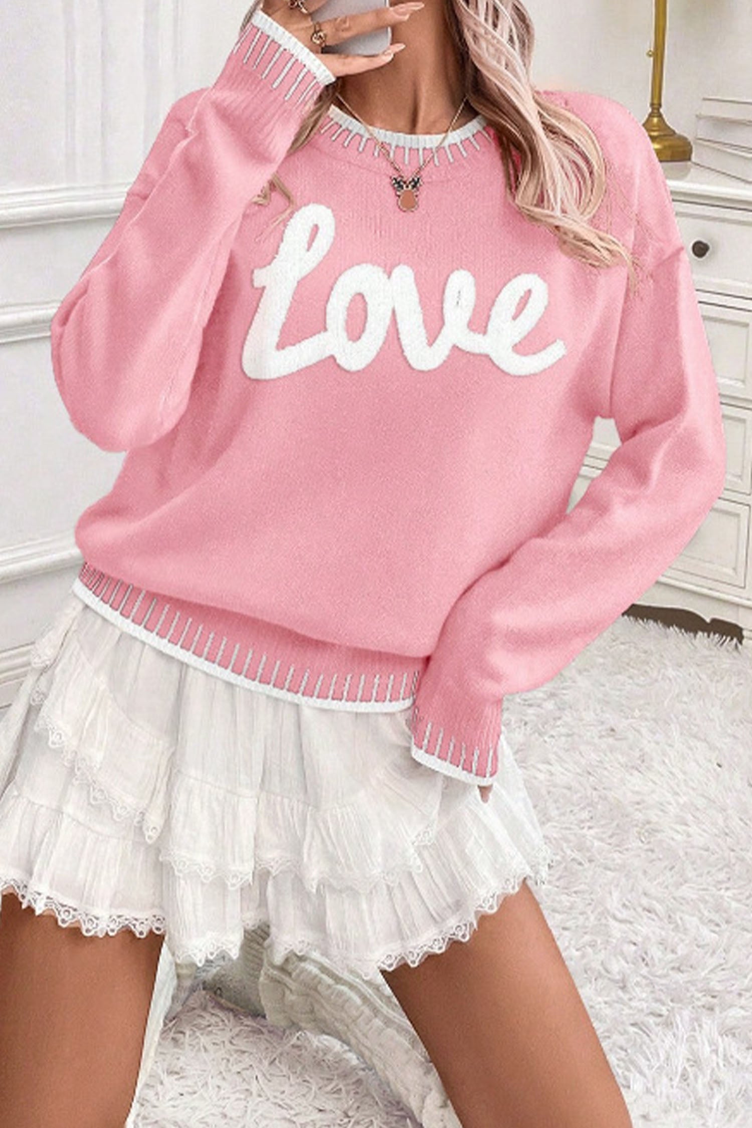 Pink Valentine Love Chenille Letter Graphic Sweater - Aaria Tees Aaria Tees