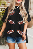 Black Sequin Rugby Football Patched Crewneck Loose T Shirt Aaria Tees