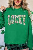 Dark Green LUCKY Clover Letter Printed Loose Pullover Sweatshirt Aaria Tees