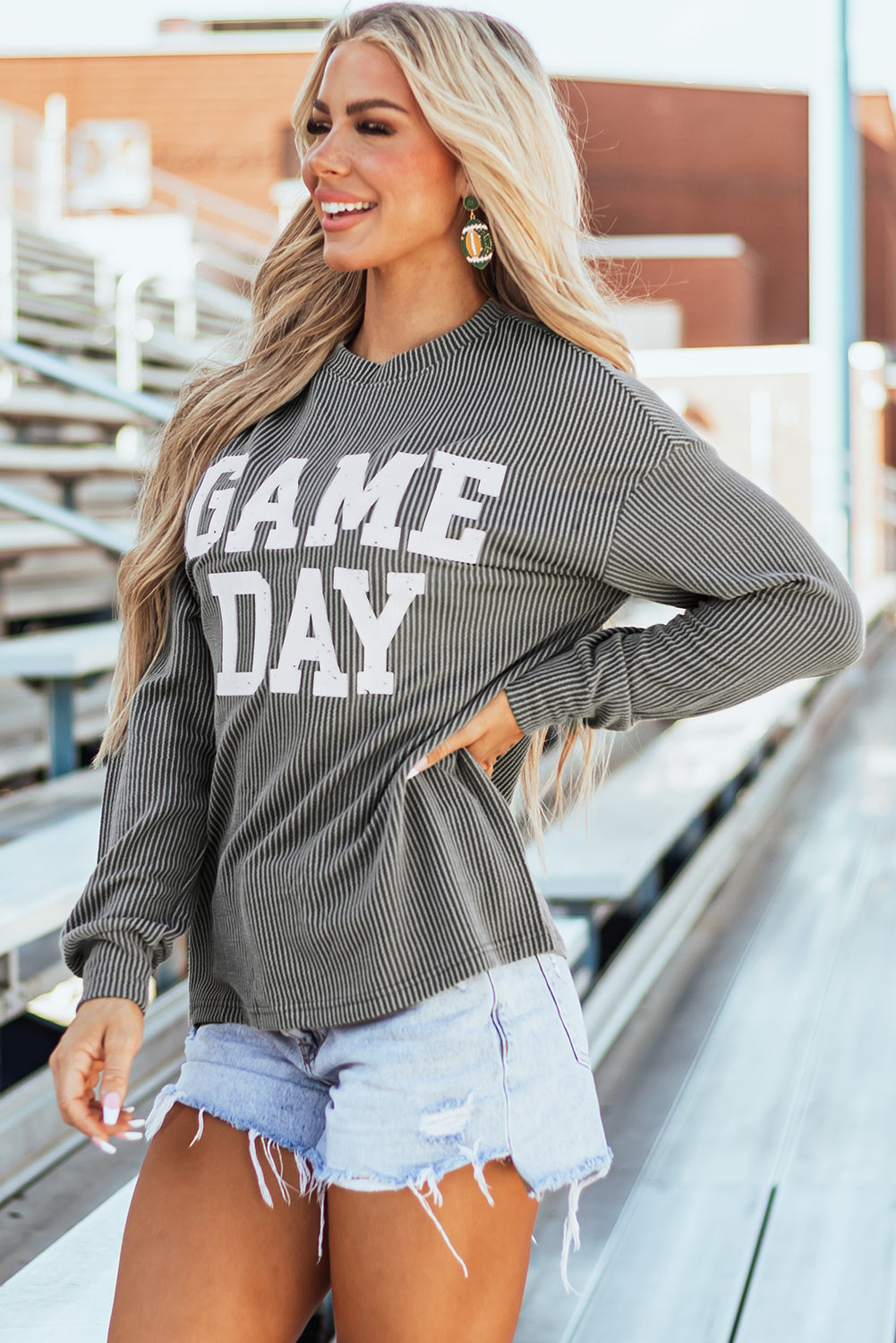 Bluing Corded GAME DAY Graphic Long Sleeve Crewneck Top - Aaria Tees Aaria Tees