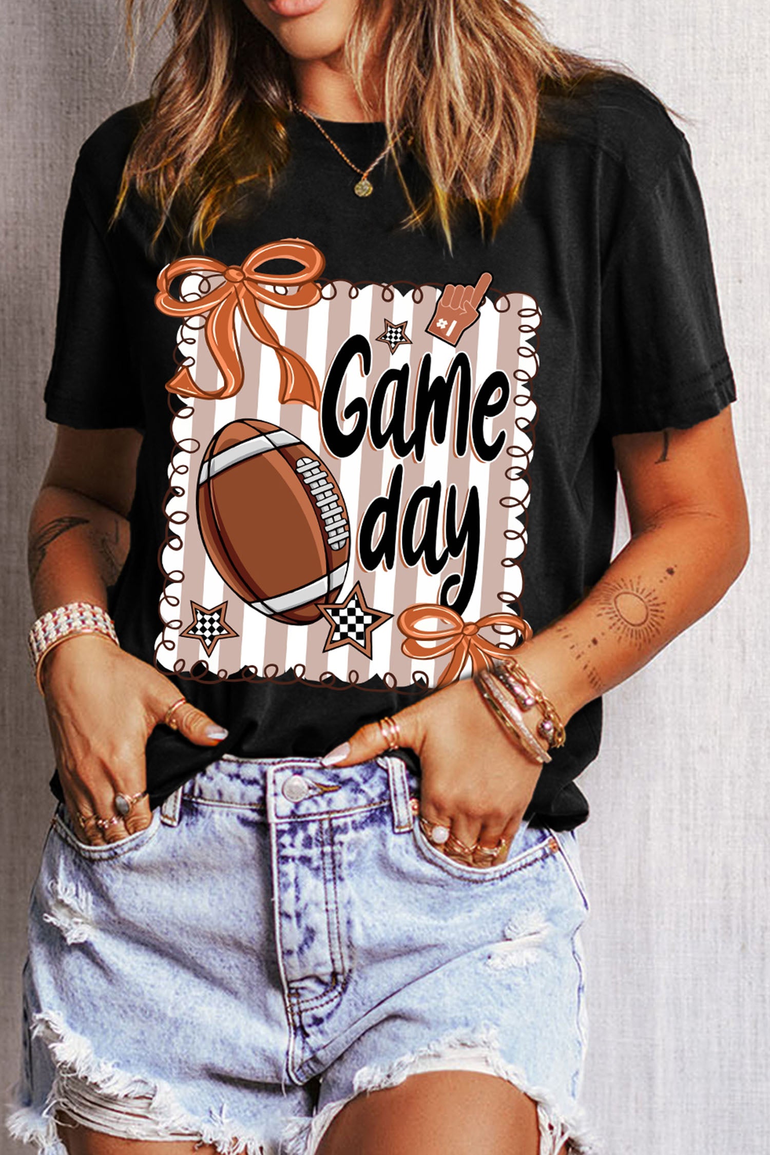 Black Casual Game Day Football Striped Tee - Aaria Tees Aaria Tees