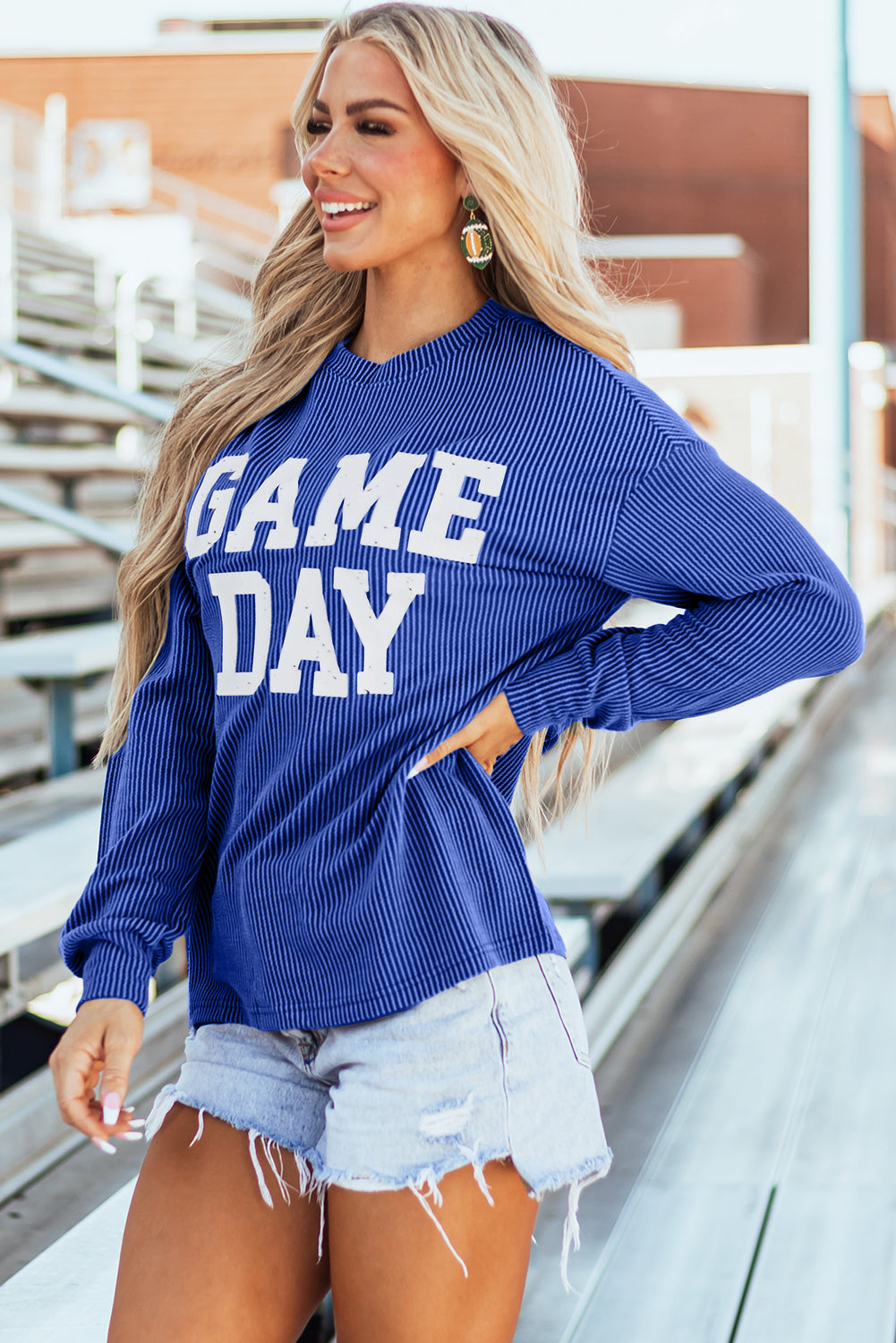 Bluing Corded GAME DAY Graphic Long Sleeve Crewneck Top - Aaria Tees Aaria Tees
