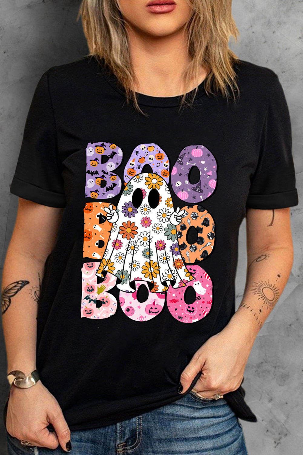 Black BOO Floral Ghost Print Crew Neck Halloween T Shirt - Aaria Tees Aaria Tees