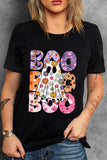 Black BOO Floral Ghost Print Crew Neck Halloween T Shirt - Aaria Tees Aaria Tees