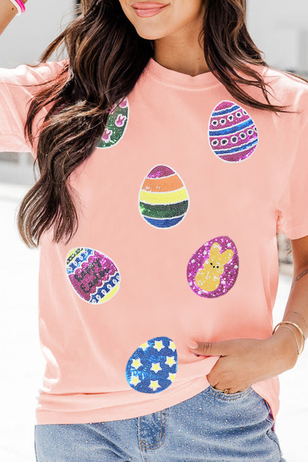 Pink Sequin Easter Eggs Graphic Crewneck T Shirt - Aaria Tees
