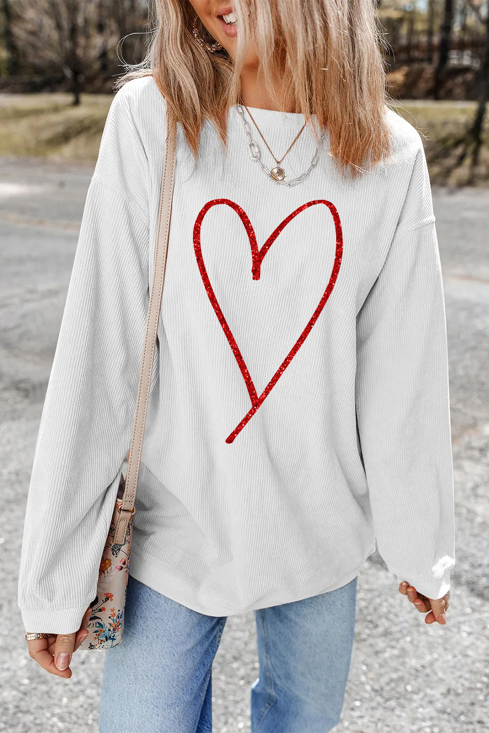 White Glittering Heart Printed Corded Valentines Pullover Sweatshirt - Aaria Tees Aaria Tees