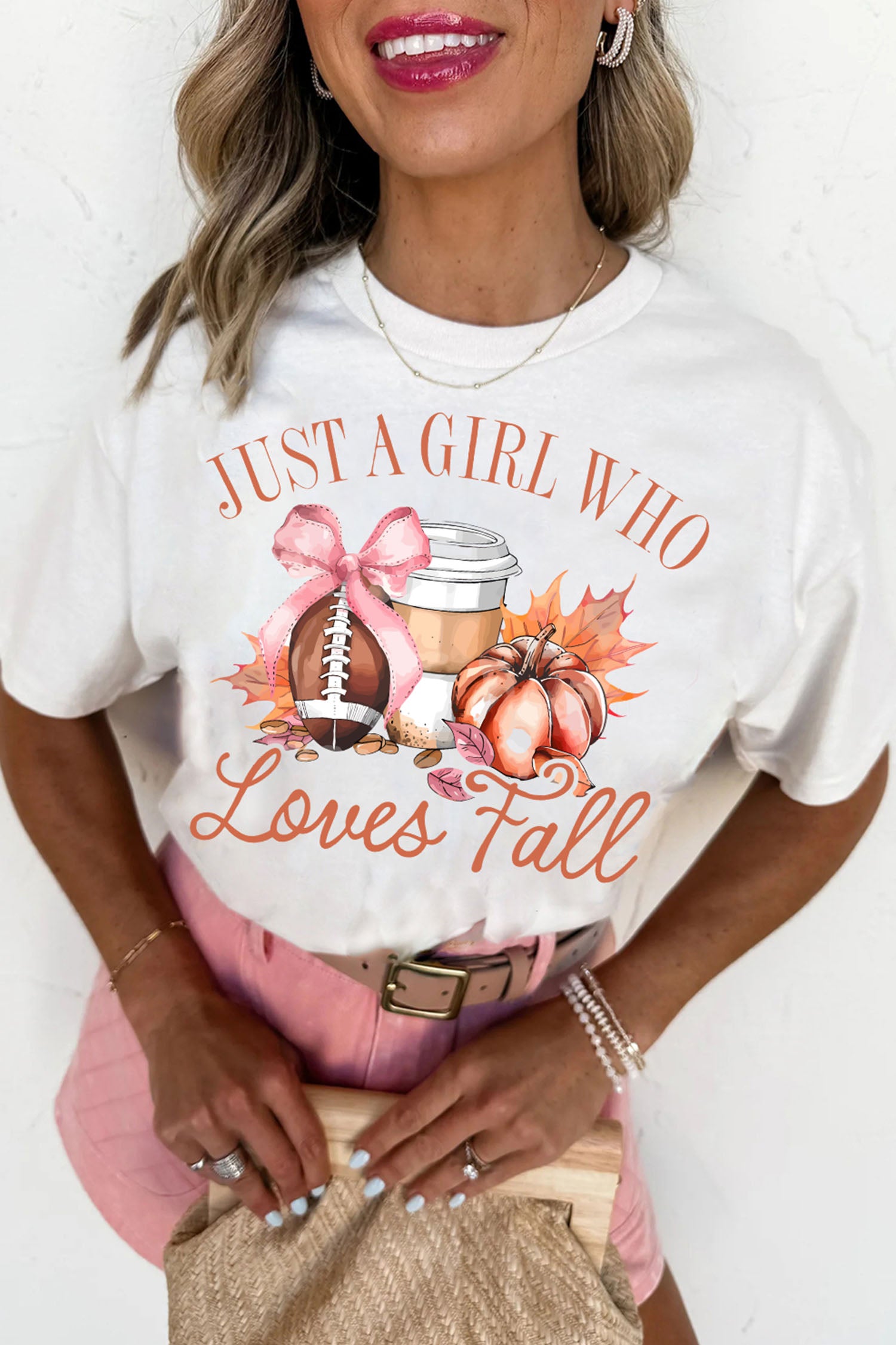White JUST A GIRL WHO Loves Fall Graphic Casual Tee - Aaria Tees Aaria Tees