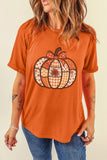 Orange Patchwork Pumpkin Graphic Print Crewneck  T-Shirt Aaria Tees