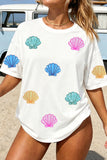 White Sequin Shell Graphic Summer Loose T Shirt Aaria Tees