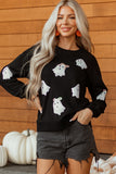 Black Sequin Cute Bow Ghost Graphic Crew Neck Halloween Sweatshirt Aaria Tees