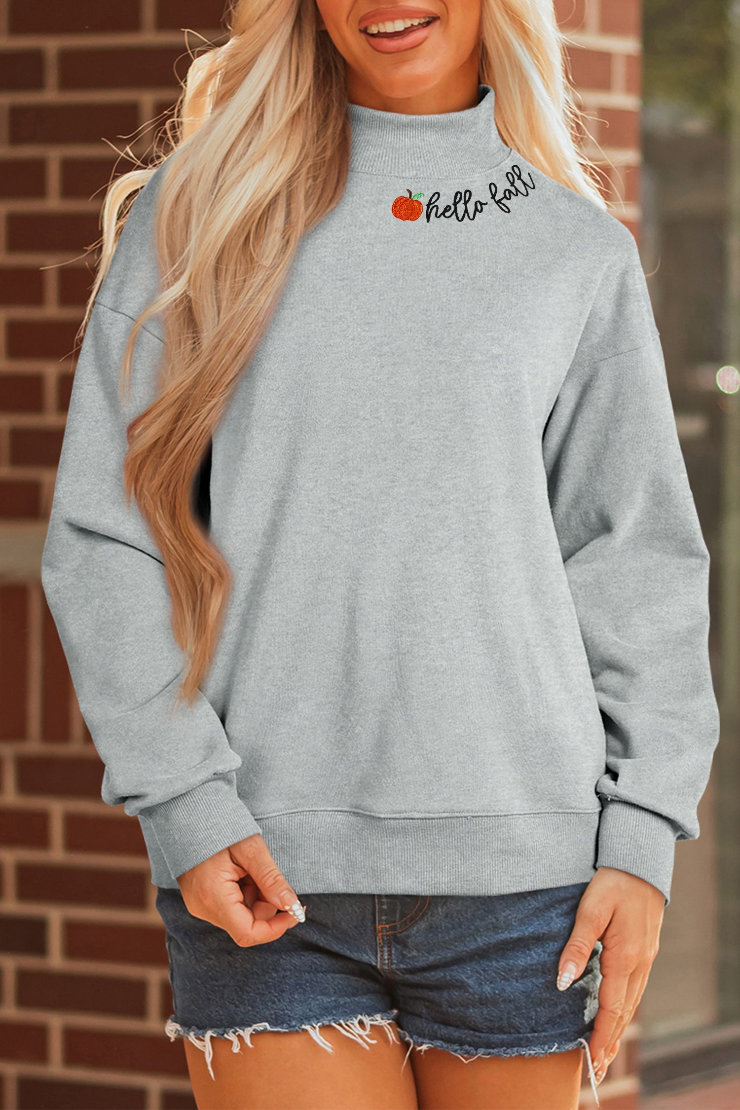 Gray hello fall Embroidered Pumpkin Detail Mock Neck Sweatshirt - Aaria Tees Aaria Tees