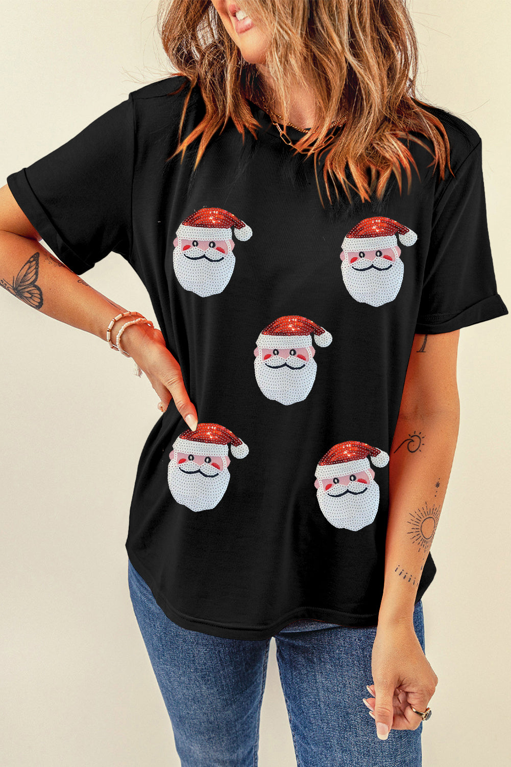 Black Faux Sequin Christmas Claus Pattern Crewneck T Shirt - Aaria Tees Aaria Tees