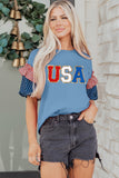 Beau Blue USA Chenille Lettering Stars and Stripes Patchwork Sleeve Top Aaria Tees