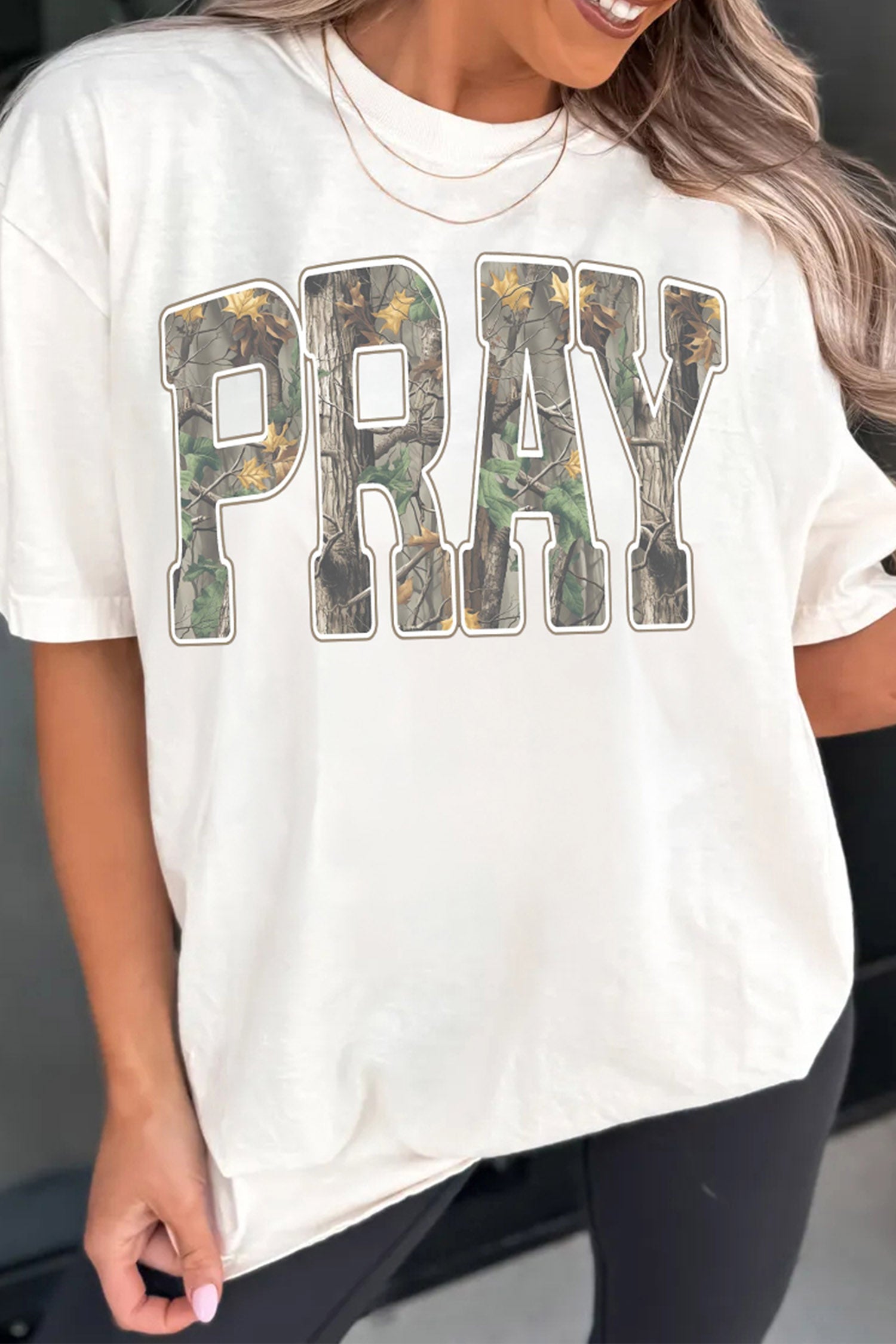 White PRAY Camo Letter Print Casual Round Neck T Shirt - Aaria Tees Aaria Tees