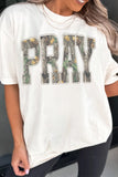 White PRAY Camo Letter Print Casual Round Neck T Shirt - Aaria Tees Aaria Tees