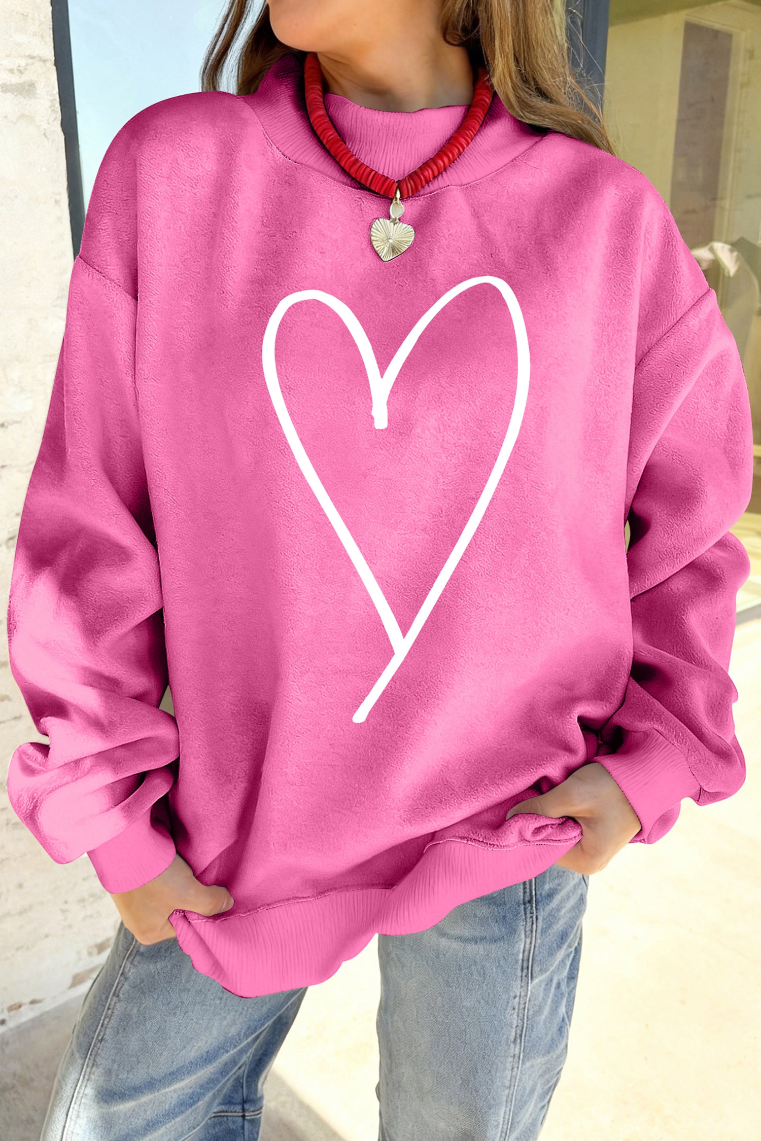 Bright Pink LOVER Heart Script Reversible Print Mock Neck Sweatshirt - Aaria Tees Aaria Tees