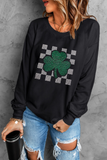 Black Rhinestone Checkerboard Clover Graphic St Patrick Sweatshirt Aaria Tees