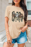 Khaki Sequin Horses Patched Casual Crewneck T Shirt Aaria Tees