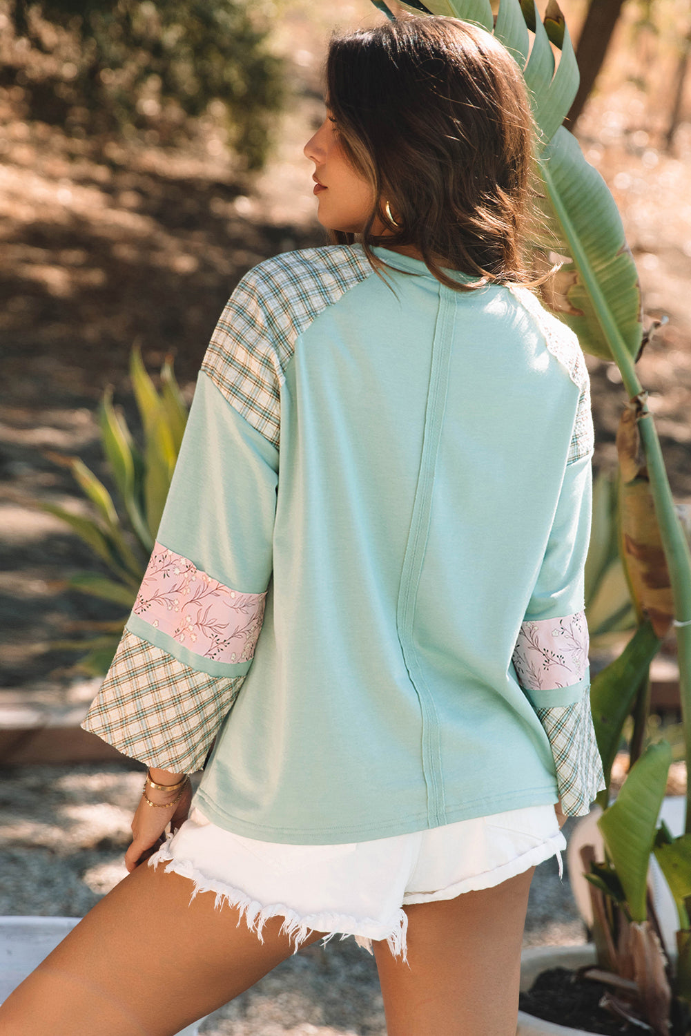 Beige Plaid Floral Peace Heart Graphic Wide Long Sleeve Top - Aaria Tees Aaria Tees