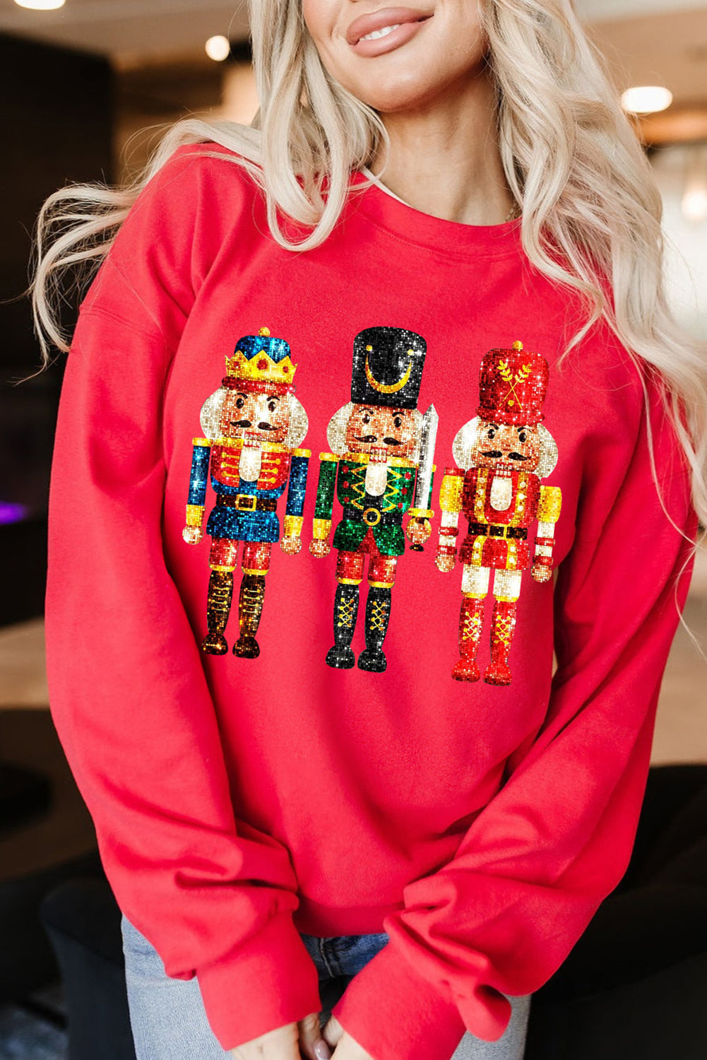 Red Christmas Metallic Nutcracker Graphic Crew Neck Sweatshirt - Aaria Tees Aaria Tees